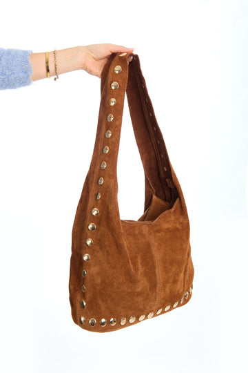 Borsa in Camoscio con Borchie e Zip - Camel