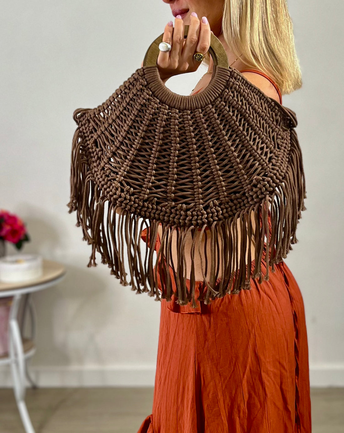 Borsa Macramè Frange – testa di moro