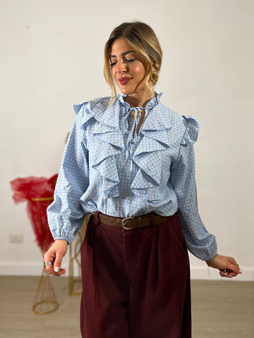 Camicia con laccetti e balze - azzurra