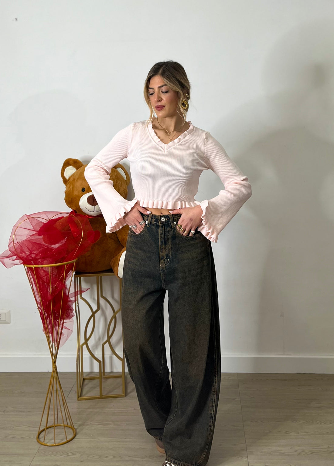 Top a maniche lunghe con scollo a V - rosa