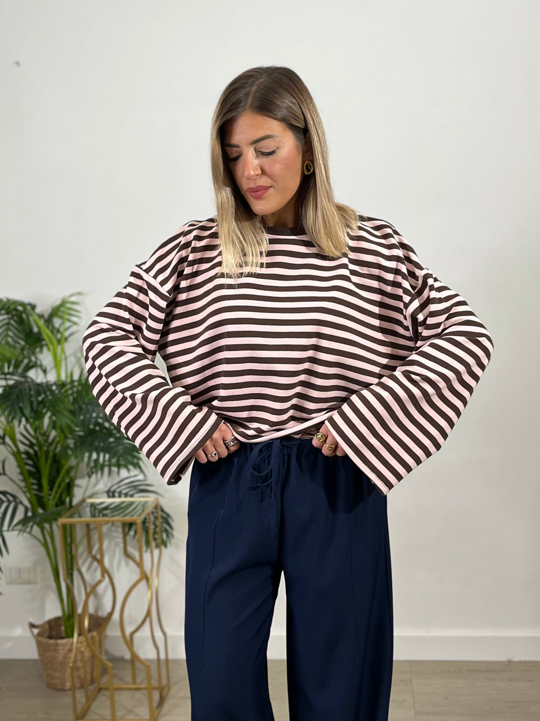 Maglia in cotone a righe - rosa e marrone