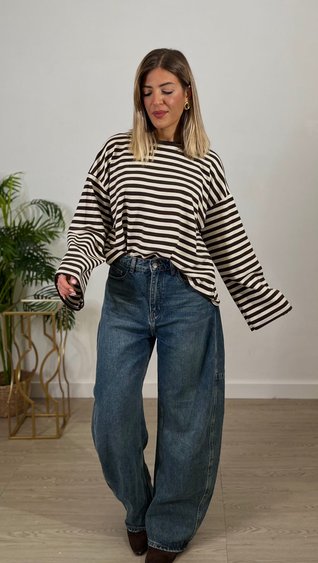 Maglia in cotone a righe - giallo e marrone