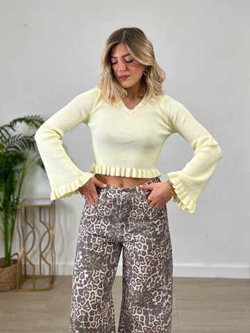 Top a maniche lunghe con scollo a V - giallo burro
