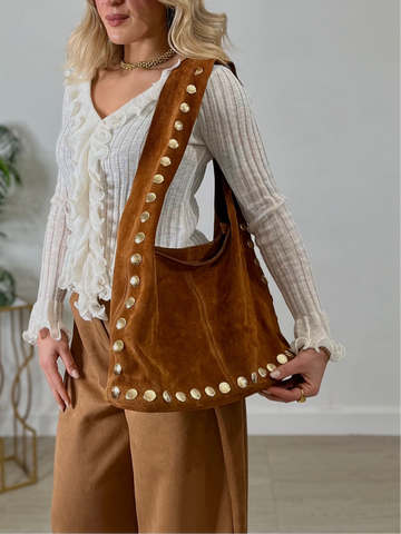 Borsa in Camoscio con Borchie e Zip - Camel