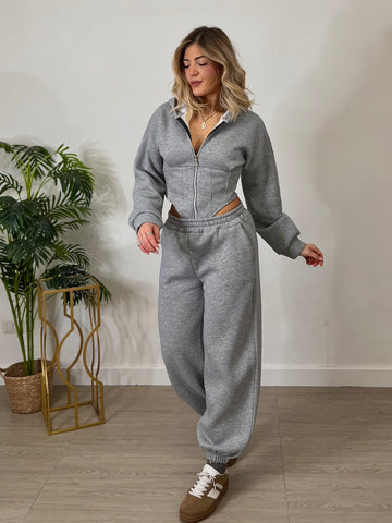 Tuta cropped con corsetto e joggers - grigia