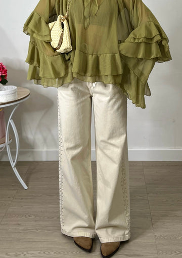 Jeans Wide Leg con laccetti in vita e borchie laterali
