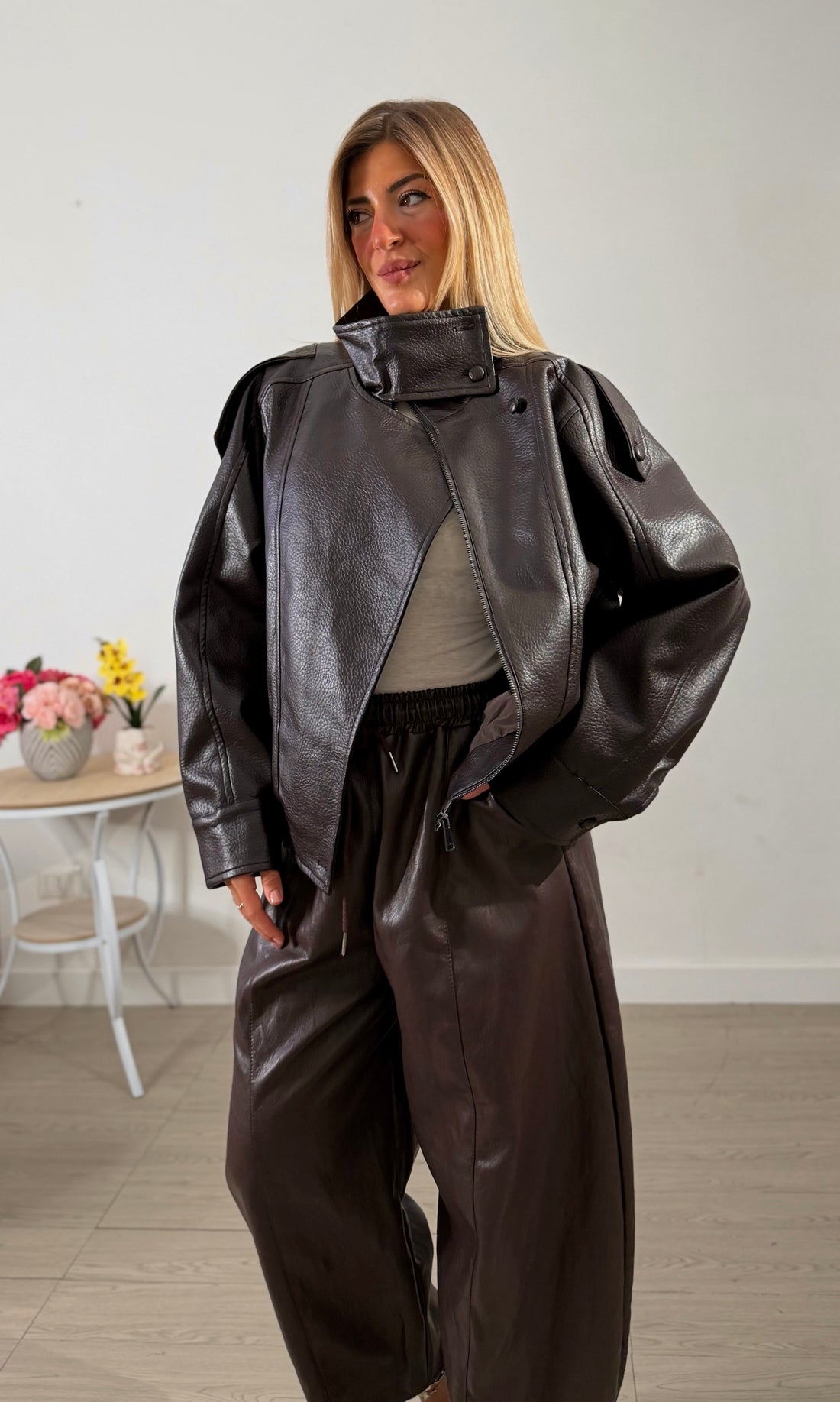 Biker Oversize in Ecopelle Martellata - brown