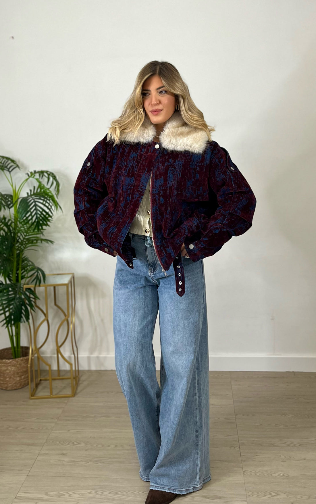 Bomber Imbottito con Collo in Pelliccia - blu e bordeaux