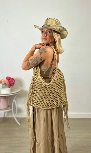 Maxi borsa in rafia intrecciata con frange