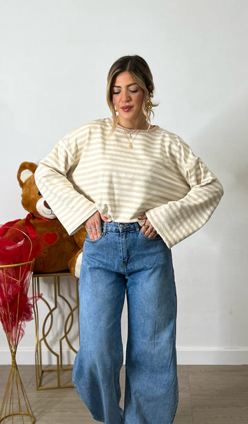Maglia in cotone a righe - panna