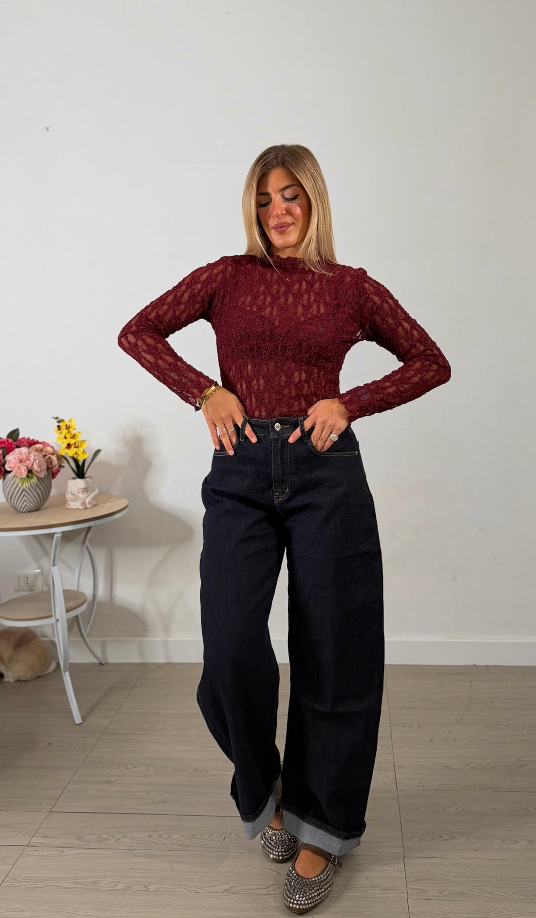 Shirt in pizzo - bordeaux