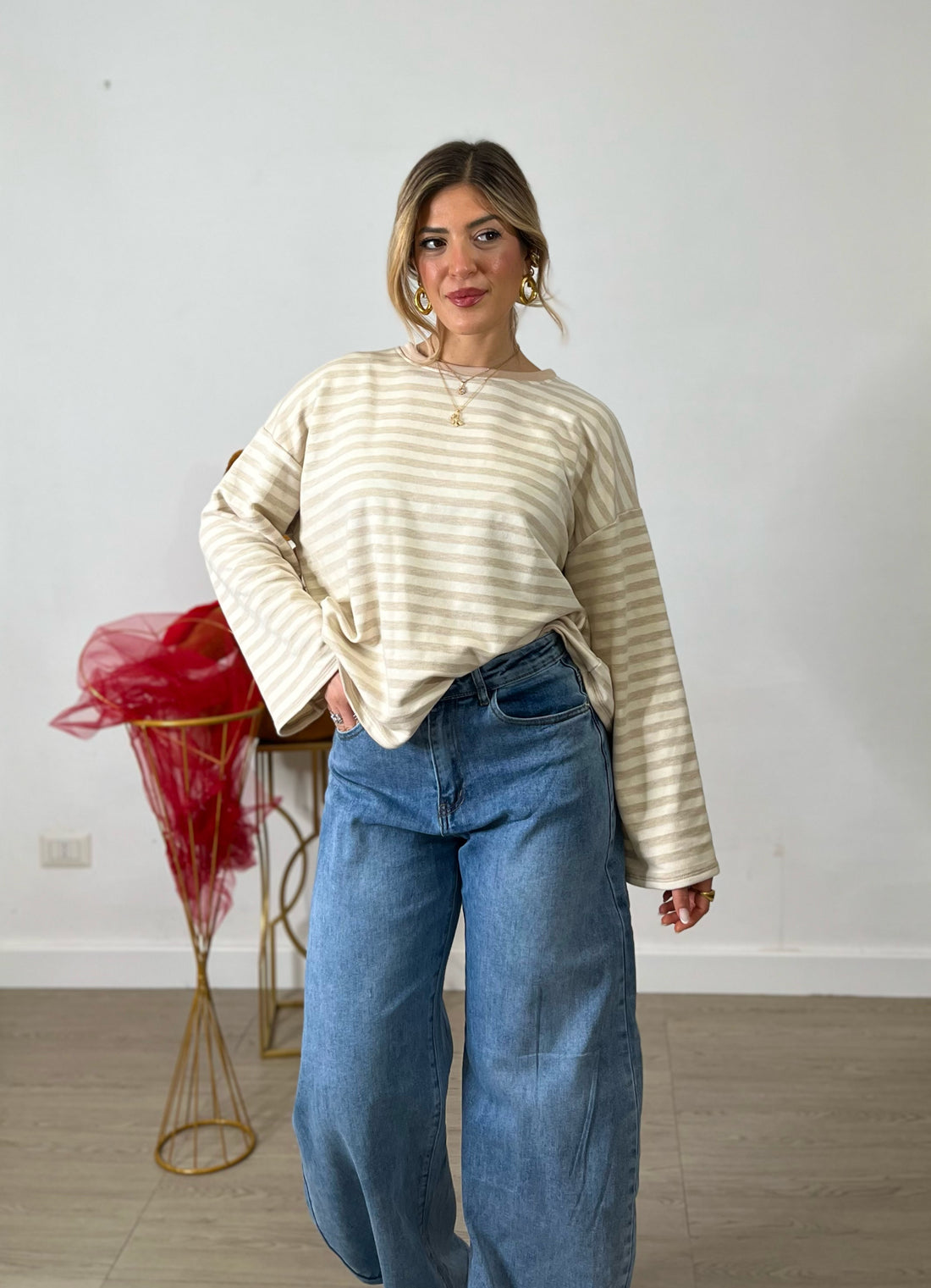 Maglia in cotone a righe - panna