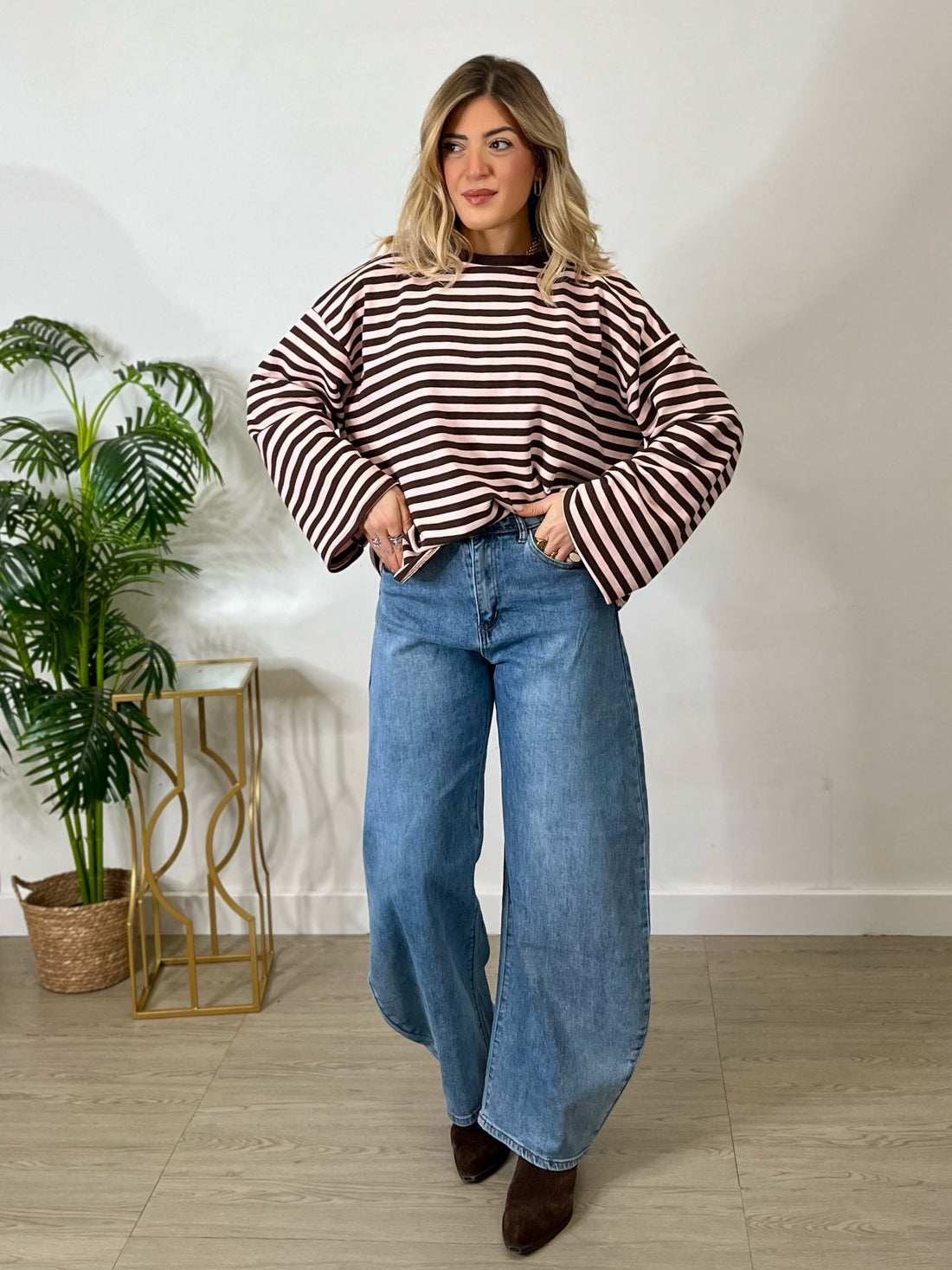 Maglia in cotone a righe - rosa e marrone